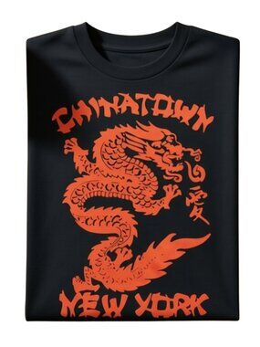 Chinatown New York Dragon Graphic T-Shirt Black Short Sleeve Crew Neck Tee S-XL